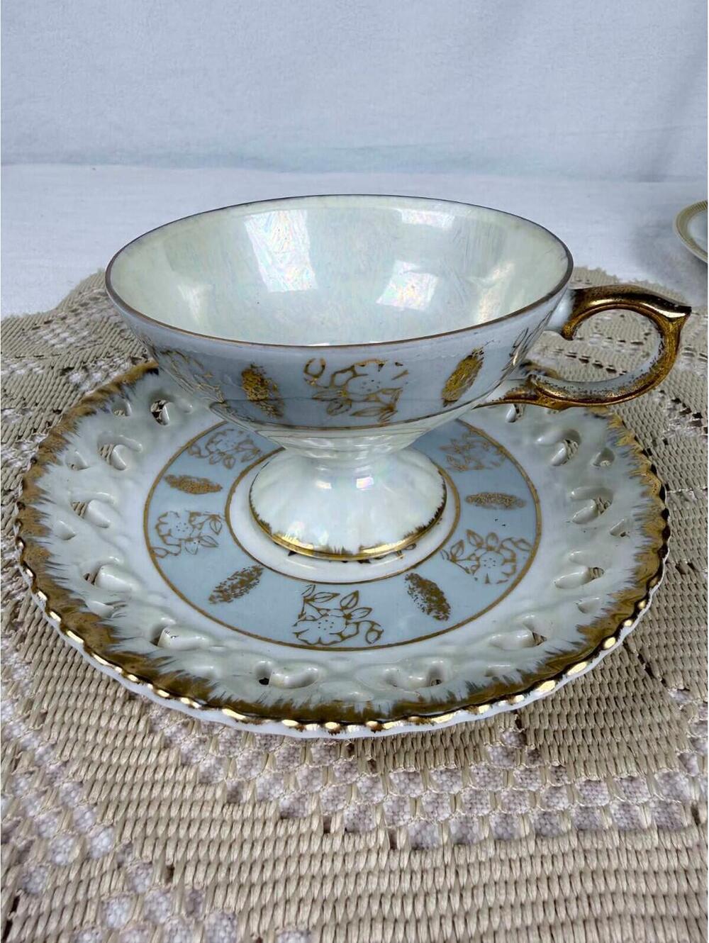 Vintage Lustreware Footed Tea Cup & Saucer Gold Trim Lattice Edge Japan